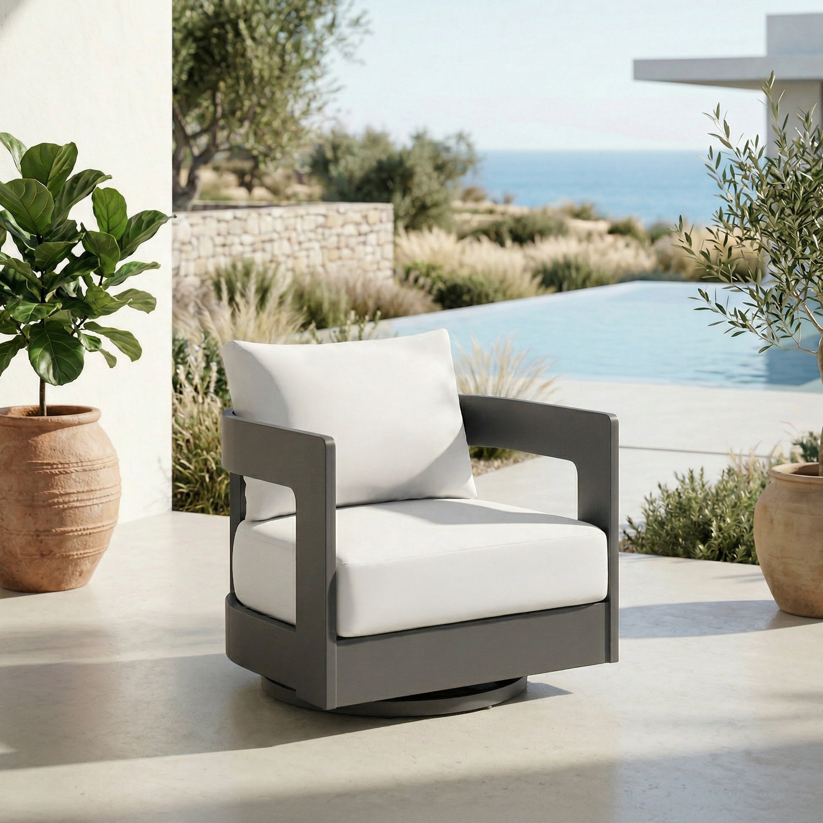 Frances Sunbrella® Swivel Patio Lounge Chair, White Cushion/Black Frame