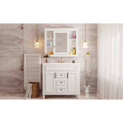 Modern Bathroom Vanity With 36" Sink And Mirror Cabinet - Practical Storage 2 Soft Closing Doors Drawers For A Stylish Home Functional Close