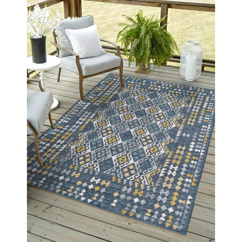 Tapis performance tissé à la machine Dahlia - bleu - 6 pi 7 po x 9 pi, 6 pi 7 po x 9 pi