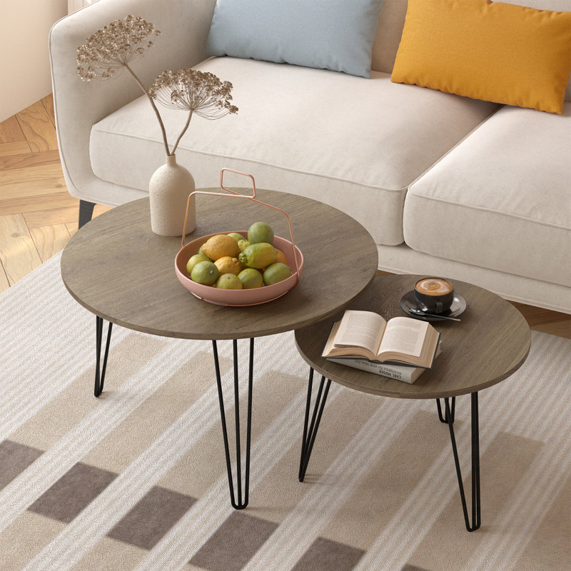 Ensemble de 2 tables basses rondes gigognes avec pieds en métal, Brun rustique