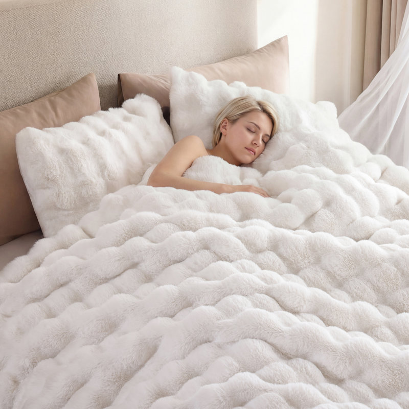 Fluffy Comforter Set 3 Pieces- Ultra Soft & Warm Faux Fur Comforter With Two Pillowcases For Winter, White
