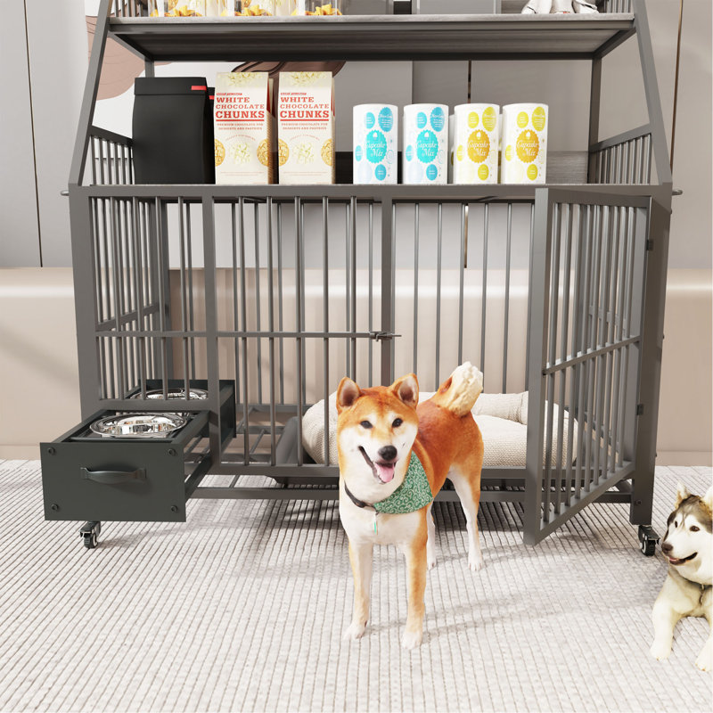 Grande cage pour animaux de compagnie avec support de rangement, tiroirs avec bacs à nourriture et à eau en acier inoxydable, support de rangement à double couche en cadre de fer et matériau en bois aggloméré, robuste, exquis et pratique