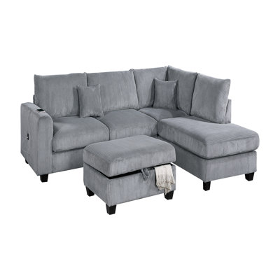 Contemporary 3pc Sectional Set Corduroy Couch LAF Sofa RAF Chaise Ottoman L-Sectional Living Room