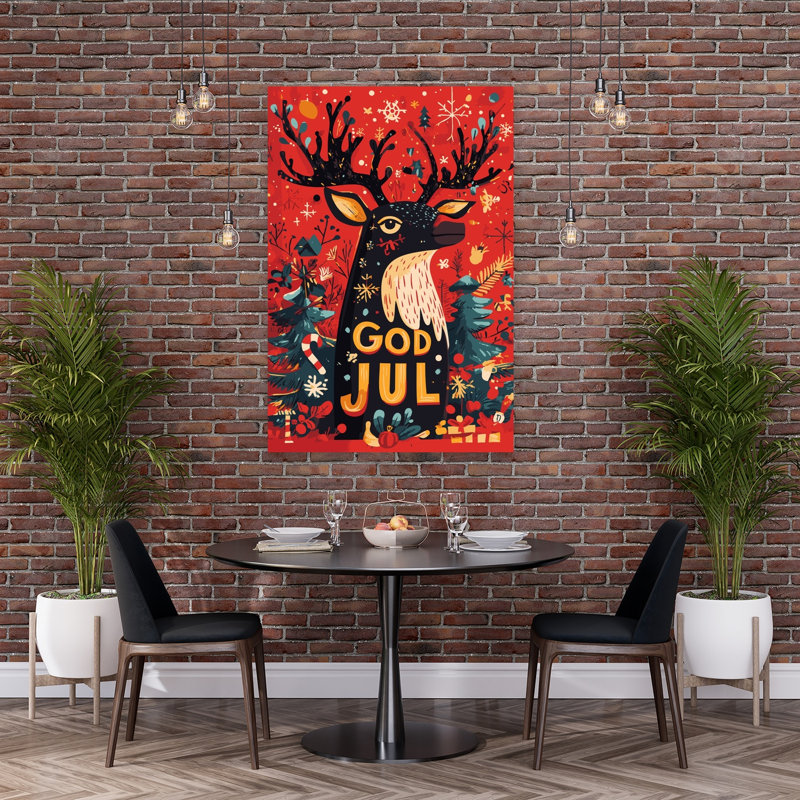 God Jul Festive Reindeer Modern Whimsical Abstract Christmas Tree Deer Nature Winter Wall Art Print 1 Piece Wrapped Canvas Wall Art
