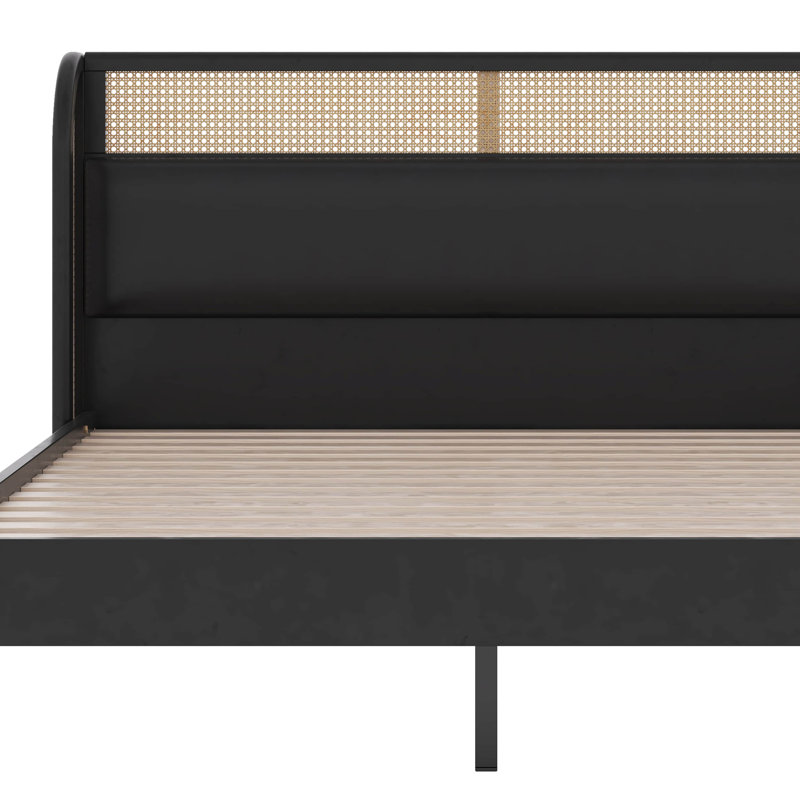 Grand lit plateforme en rotin cannage moderne 3 pièces Bullen + table de chevet * 2, Noir