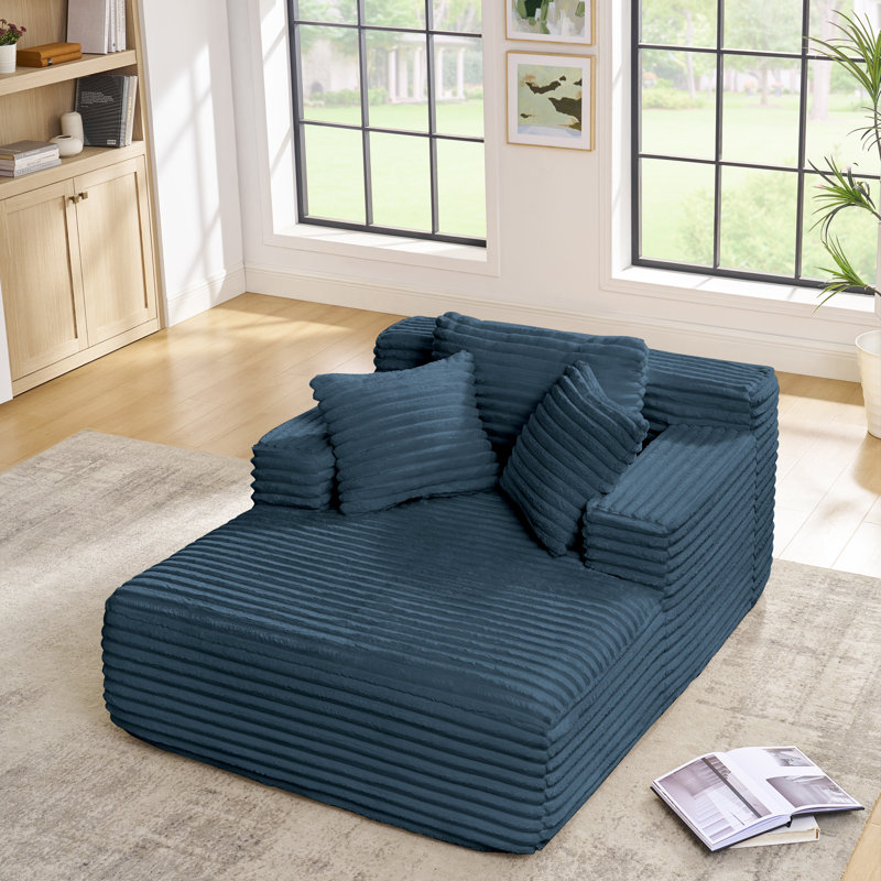 Living Room Compressed Chaise Lounge Foam Sofa bed, Fluffy Corduroy Upholstered Cloud Couch with Deep Seat, Blue