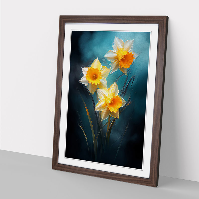 XYZ-FRM-V1223-481 Daffodil Flower Romanticism - Single Picture Frame Print on Wood, 34cm H x 25cm W x 2cm D, Walnut