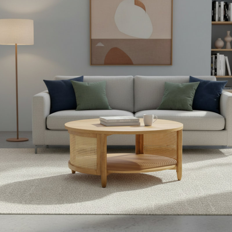 Table basse en osier avec une finition de couleur miel clair