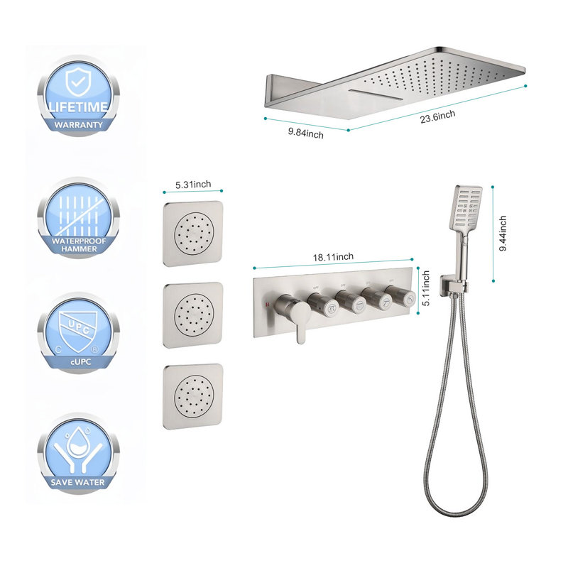 Ensemble de robinet de douche à double fonction 23,6 pouces avec 3 jets de corps et douche à main, Nickel brossé