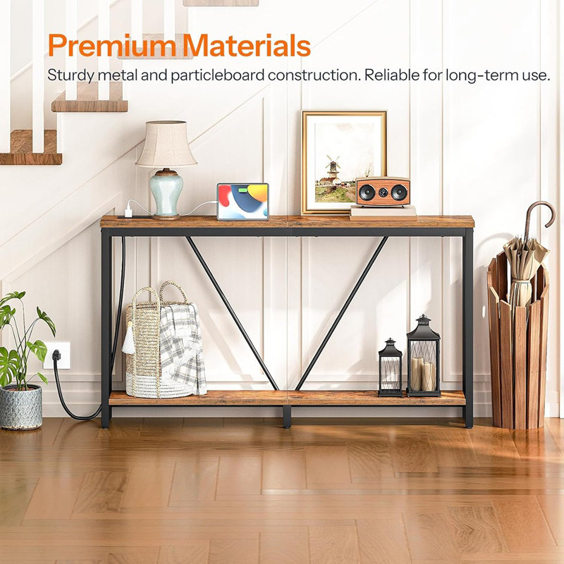 63" Extra Long Sofa Console Table With Charging Station, 2-tier Behind Couch Table With V-brace, For Narrow Entryway, Hallway, Living Room, Rustic Brown Bf166uxg01