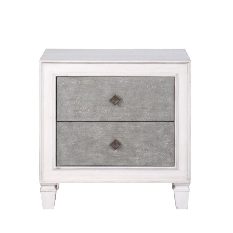 Table de chevet 2 tiroirs Koleton en gris rustique et blanc vieilli, Gris / Blanc