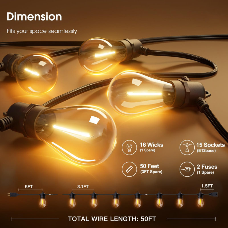 50FT LED Outdoor String Lights Timer Control with Bulbs, Black