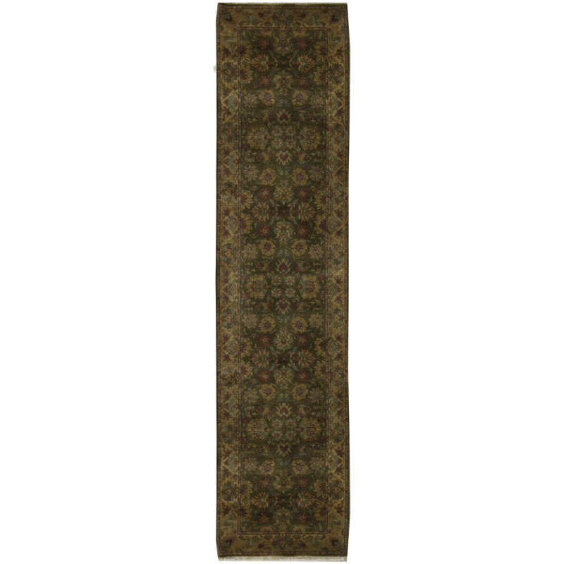 Hand-Knotted High-Quality Green and Gold Runner