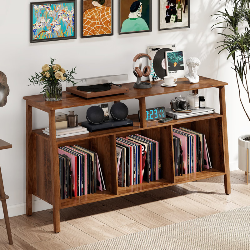 55 Inch Large Record Player Stand, Mid Century Turntable Stand Table Holds Up To 450 Albums