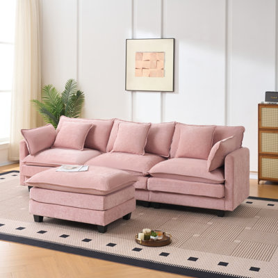 Elegant 3-seater Sofa With Storage Ottoman, Pink Chenille Upholstery