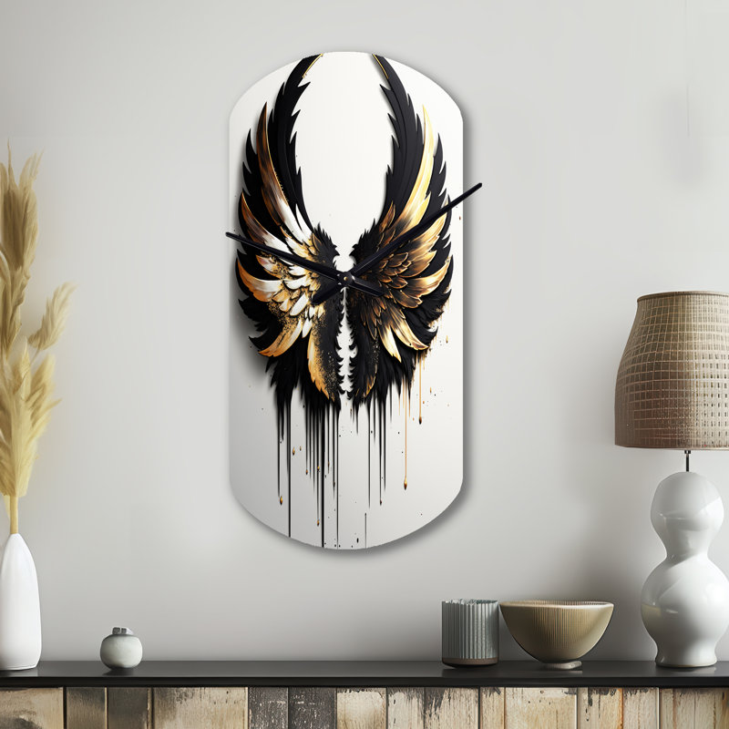 Horloge murale en forme d'aile en forme d'ailes d'ange noir, argent et or noir, Petit