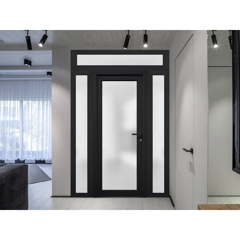 Façade extérieure en verre givré pré-monté Fibre de verre givré / Manux 8102 noir mat / 2 portes latérales et supérieures extérieures / Bureau Portes d'entrée commerciales et résidentielles Garage-W12 + 36 + 12 "x H80 + 14" -Ins droite