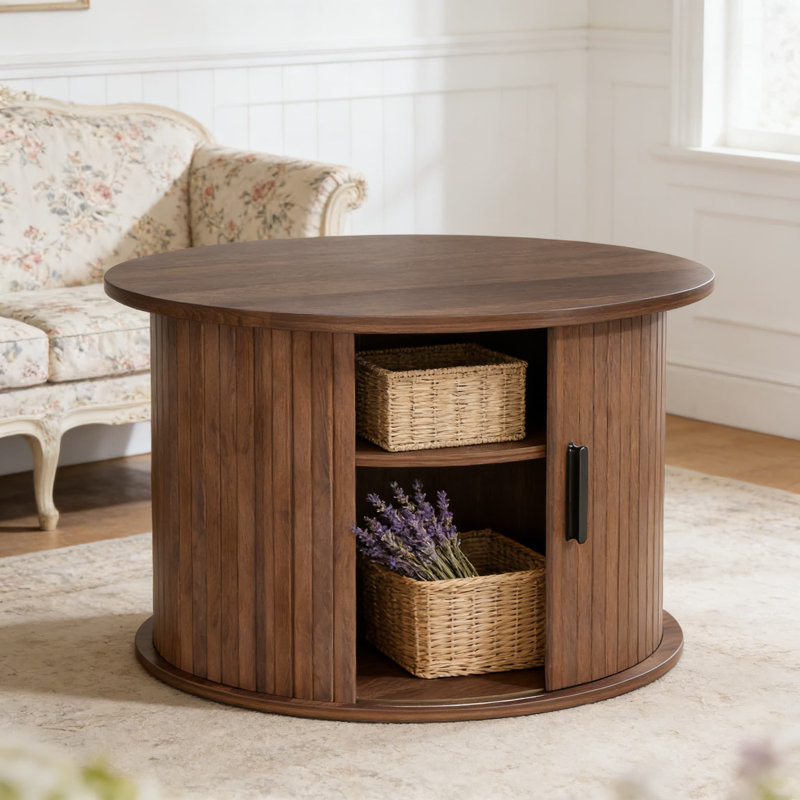 Table basse ronde à plateau relevable avec porte à tambour cannelée et rangement caché, table d'appoint tambour multifonctionnelle avec tablettes ouvertes pour le salon