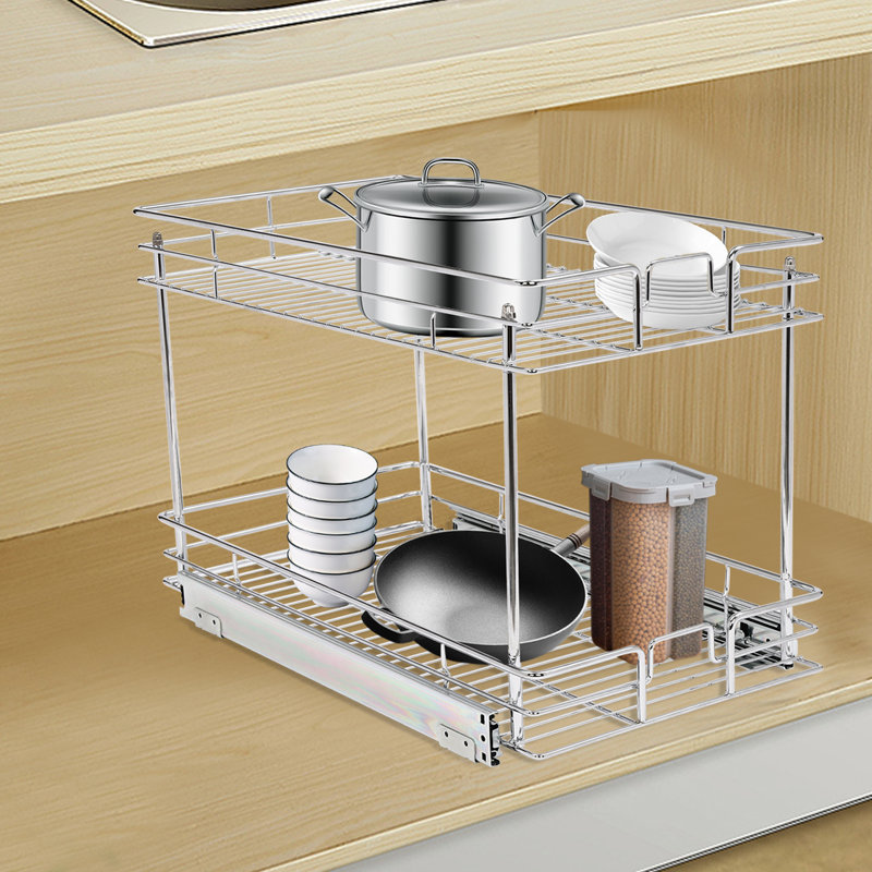 Melan 2-Tier Pull-out Cabinet Organizer Kitchen Shelves, Silver