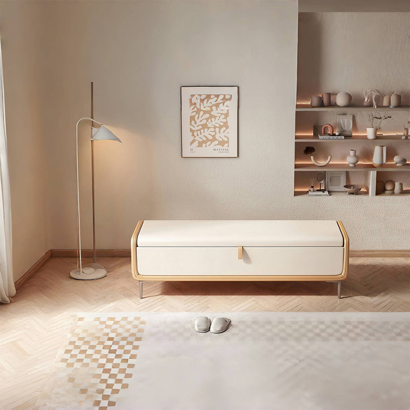 Banc de rangement en similicuir Jaynette, Beige / jaune clair, H 16,53 po x l 70,86 po x P 16,53 po