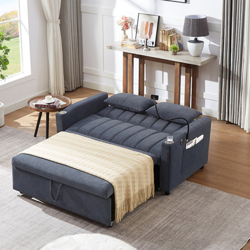 Convertible Sofa Bed Loveseat With Adjustable Backrest, USB Ports, Side Pockets, Cup Holders, And Swivel Phone Holder For Living Room
