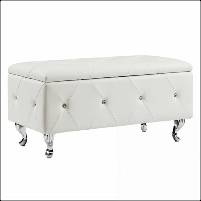 Tufted Bonded Leather Storage Bench with Crystal Decor, Upholstered Bedroom Bench Ottoman with Hidden Storage for Entryway Bed End Living Room