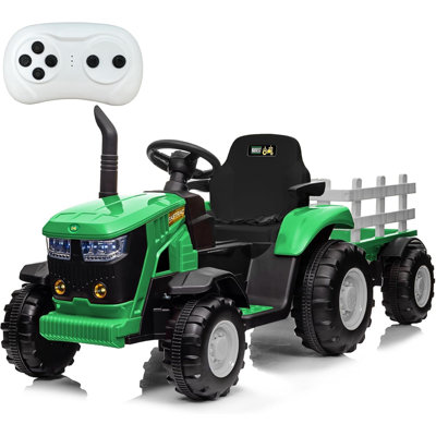 Tracteur pour enfant 12V avec télécommande, tracteur électrique avec deux moteurs, remorque amovible, musique et lumières DEL