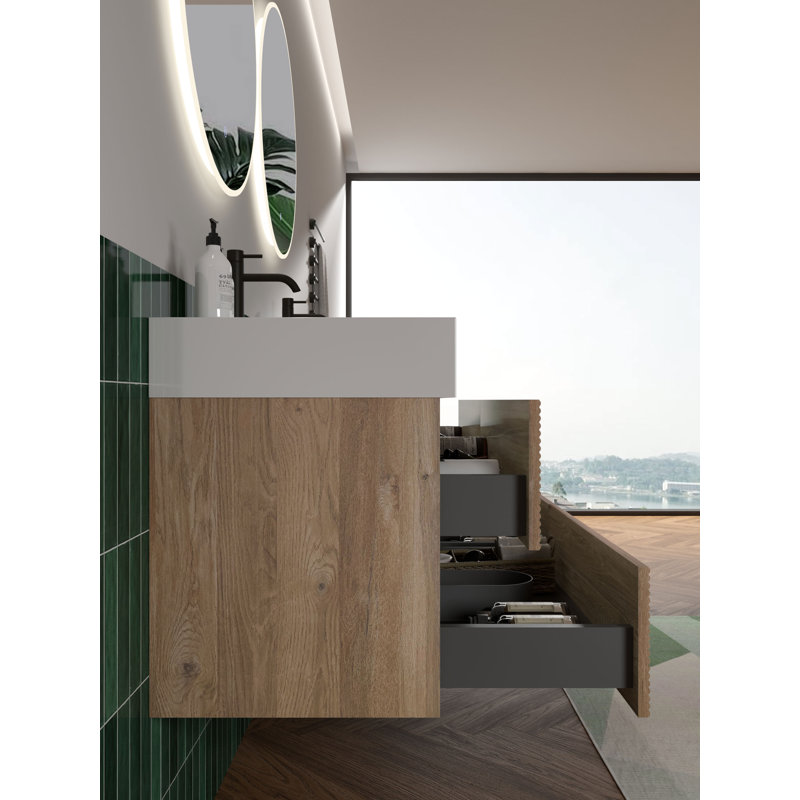 Meuble-lavabo mural avec surface solide et 4 tiroirs à fermeture en douceur, 48", Chêne brut, Blanc