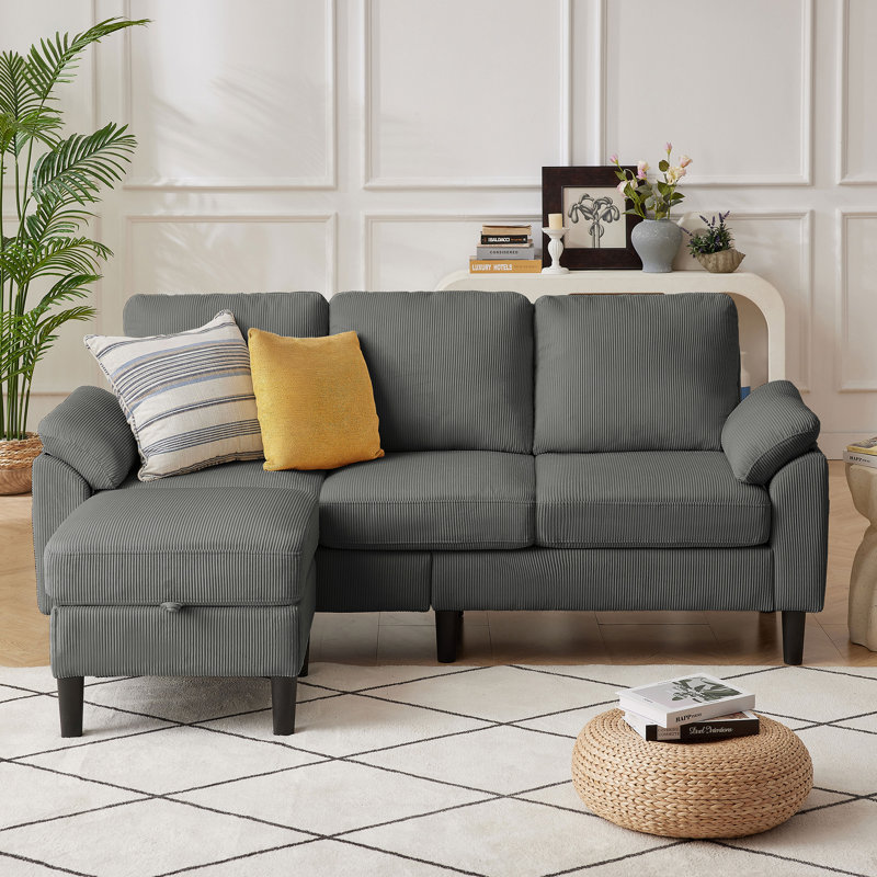 Darlyene Corduroy  79.32" Wide Reversible Sofa & Chaise with Ottoman, Mélange de polyester gris foncé