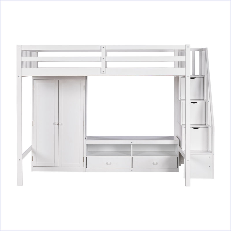 Structure de lit double pleine grandeur avec garde-robe, table de rangement basse et escalier de rangement, Blanc