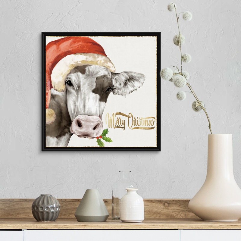 Vache de Noël - reproduction d'art sur toile, H 18 po x l 18 po x P 1,75 po, Cadre noir