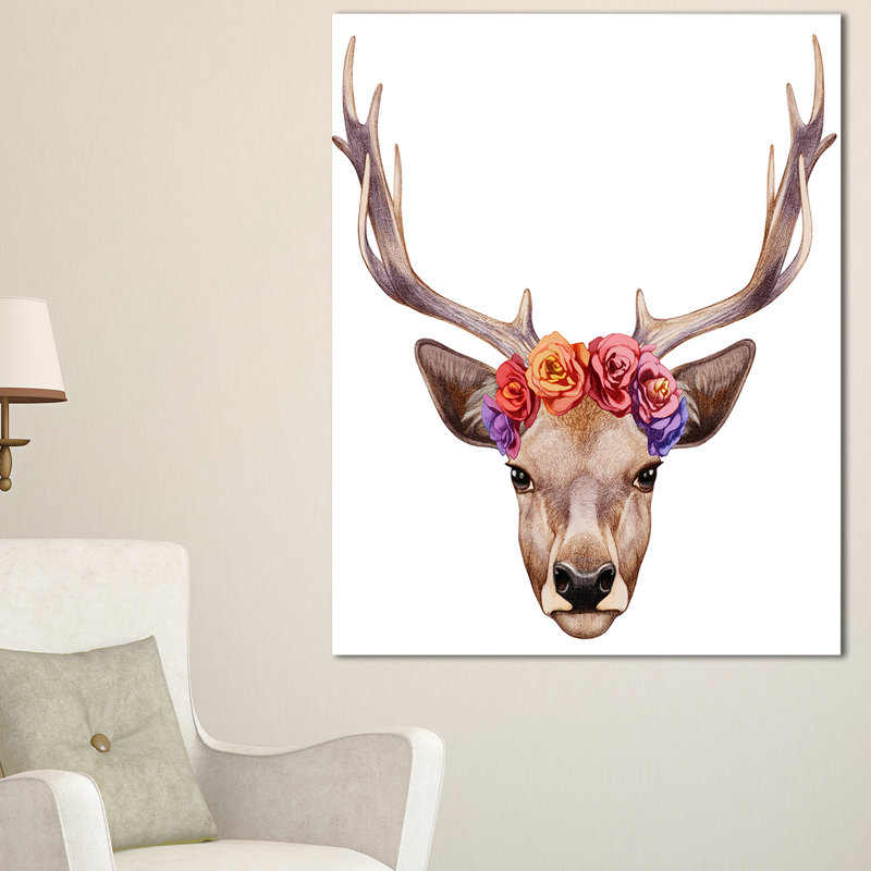 Designart cerf portrait avec cerf-tête floral, art mural sur toile tendue, H 60 po x l 28 po x P 1,5 po