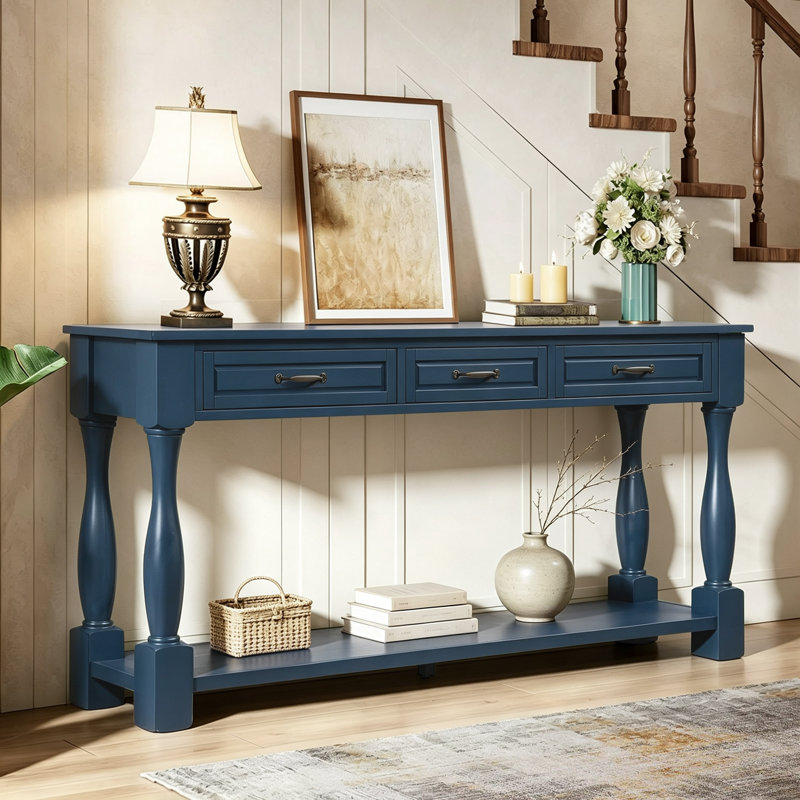 Console Bastedo 63" en bois, table d'appoint de rangement, table de canapé extra-épaisse avec 3 tiroirs et 1 tablette inférieure