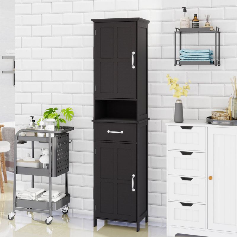 Armoire sur pied à double porte étroite à double hauteur avec 2 tablettes réglables, Noir, noir, noir, noir
