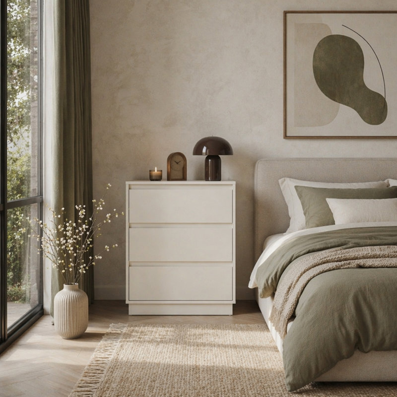 Ensemble de 2 grandes tables de chevet modernes en bois beige avec 3 tiroirs pour un rangement spacieux et un design élégant