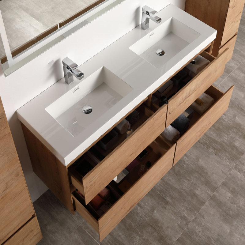 Meuble-lavabo double autoportant 48 po avec lavabo mural 48 po avec comptoir en acrylique, tiroirs à fermeture en douceur et design moderne