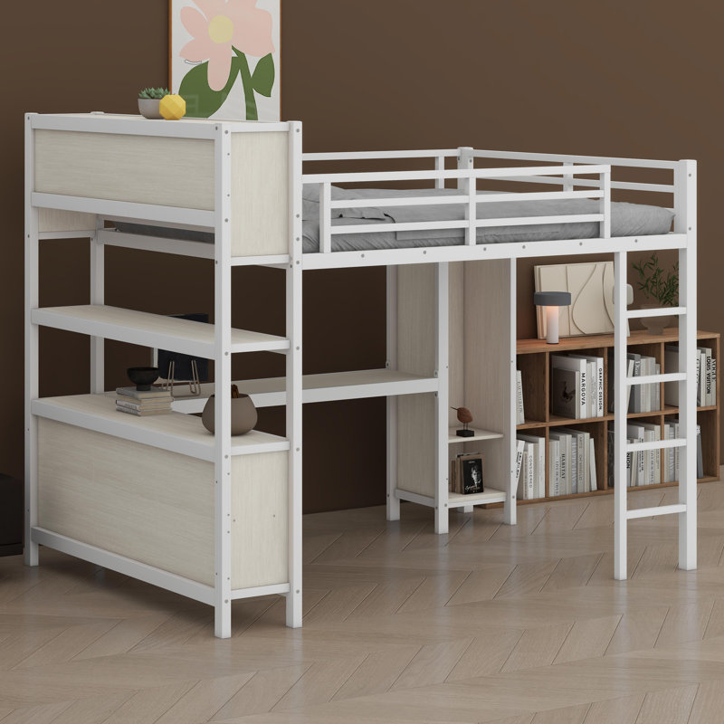 Lit mezzanine avec garde-robe intégré, bureau en L et tablettes de rangement, Grain droit blanc
