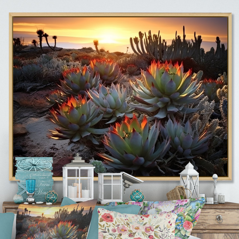 «Succulent Desert Cactus Field Burning Sunset III» - Art mural succulent, H 12 po x l 20 po x P 1 po, Cadre naturel flottant