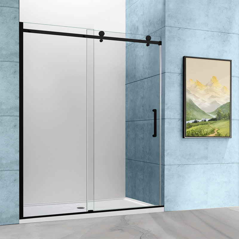 56"-60" W x 76" H Single Sliding Frameless Shower Door with Width-Adjustable Top Rail, 5/16" (8mm) ANSI & SGCC Certified Tempered Glass, Matte Black
