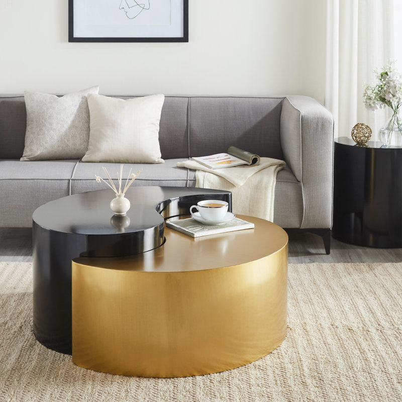 Table basse de style moderne et contemporain avec cadre en tôle de fer, Noir et or
