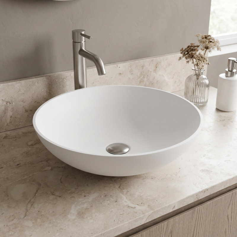 Lotus 16" L x 16" W x 5" H Matte White Handmade Round Vessel Bathroom Sink
