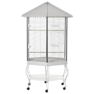77 Inch Hexagon Flight Bird Cage with Covered Canopy, Portable Aviary and Built-in Storage Space