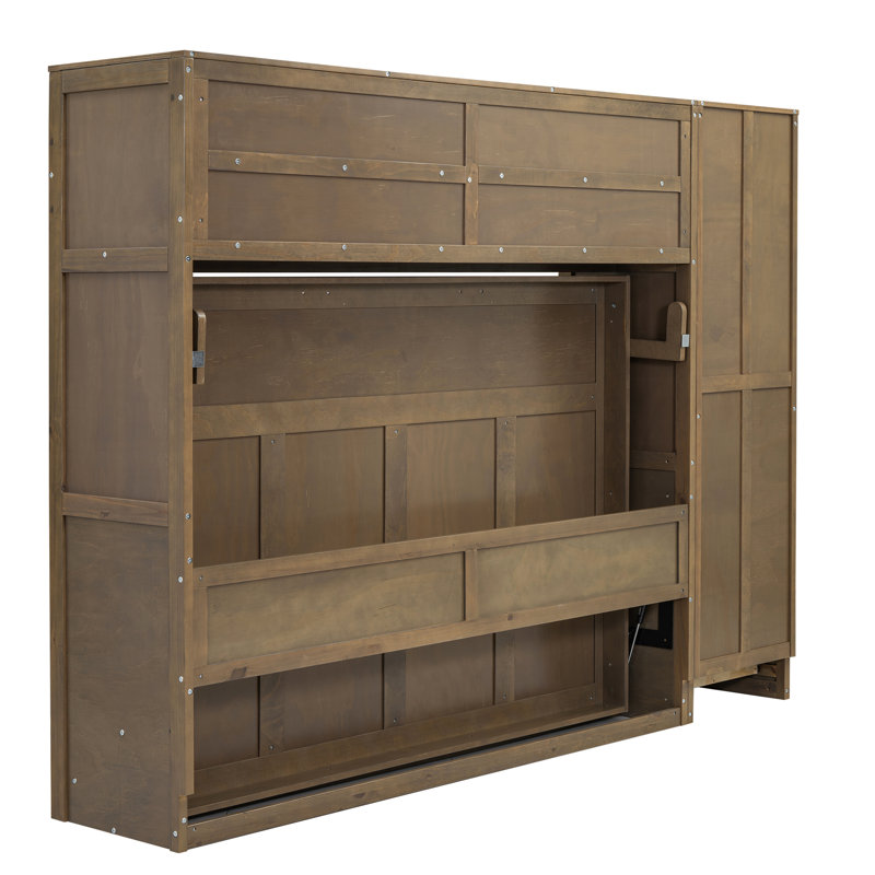 Lit escamotable polyvalent avec garde-robe, tiroirs et tablettes ouvertes, idéal pour les petits espaces et une vie efficace