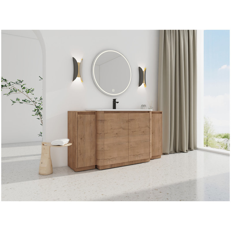 64'' Freestanding Bathroom Vanity with White Ceramic Sink, and 2-Small Storage Cabinet, Soft-Close Door, Imitative Oak, KD-Packing, Plywood