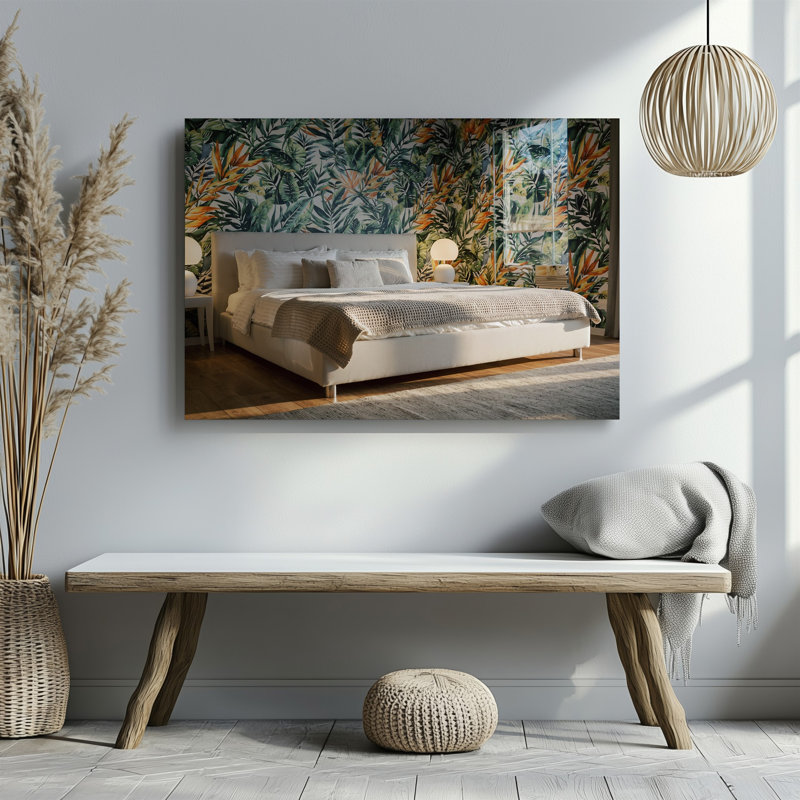Toile, une chambre à coucher moderne avec un grand lit blanc et un art mural, H 9 po x l 12 po