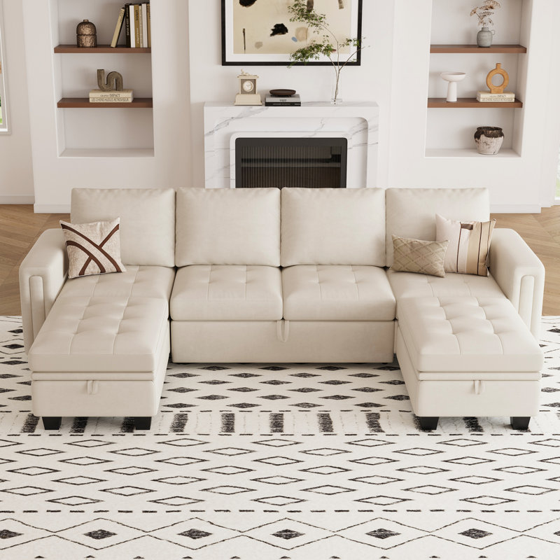 Shavera Velvet U-Shaped Sectional Couch Convertible Large Sofa Bed Sleeper With Storage Ottoman, Beige Velvet