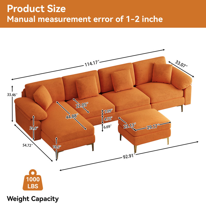 Canapé modulaire en chenille en U 114 po avec méridienne et pieds dorés, Velours orange