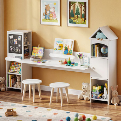 Kids Study Desk and Stool Set with Book Stand, Open shelves, Cabinet, Blackboard, All-in-One Play and Activity Table for Play, Study and Art