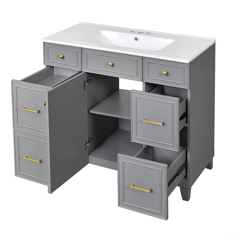 Meuble-lavabo 36 po avec lavabo en céramique, structure en bois massif, portes à fermeture douce, tablettes réglables, 3 tiroirs