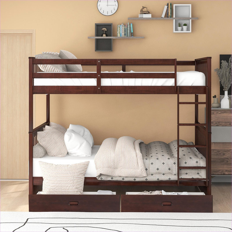 Shared Bedroom Sleepover Platform Bunk Bed Full-Over-Full Configuration With Under-Bed Storage Solid Wood Classic Brown